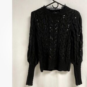 EXPRESS Black Cable Knit Sequin Ruffle Long sleeve sweater women size Large